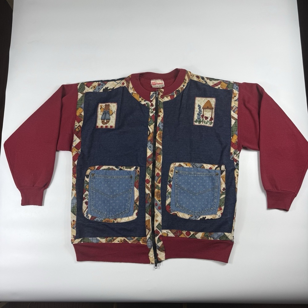 Vintage Hanes Zip Sweatshirt Appliqué Bears Denim Pockets Women's XL